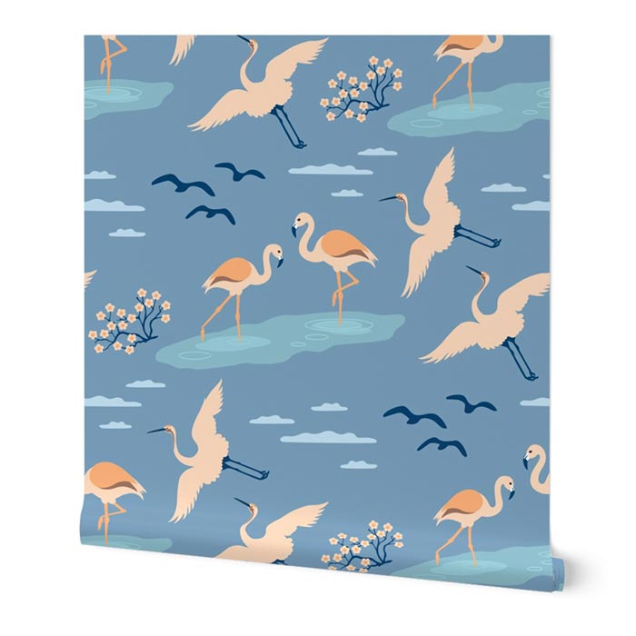 Flamingo Cranes vintage pastel blue Non-pasted Wallpaper – Dana Du Design