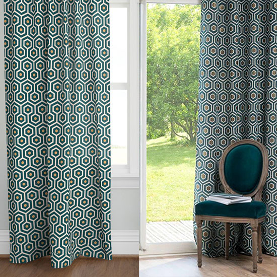 Custom Art Deco Hexagons Curtains, Art Deco Curtains Blue