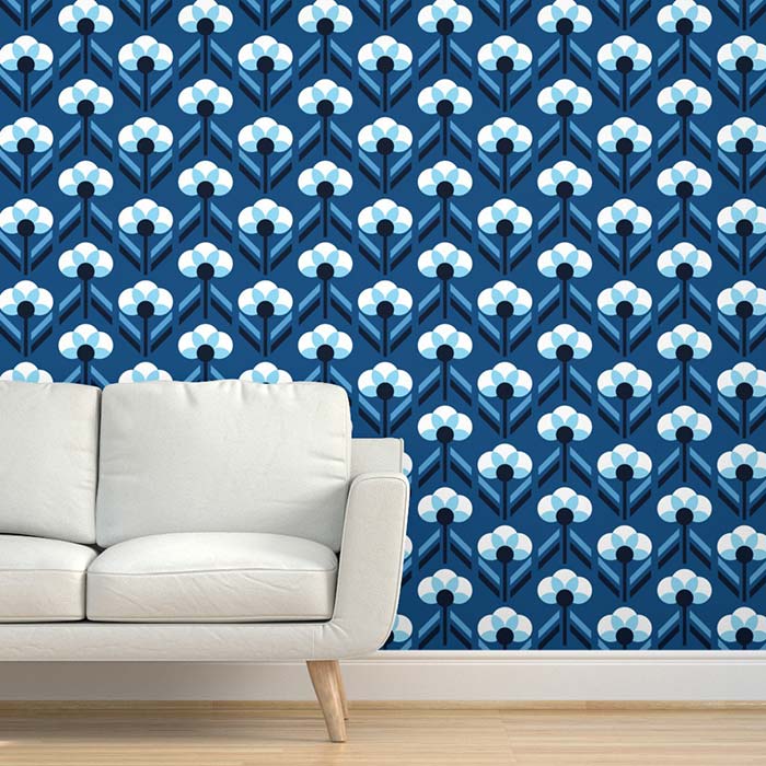 Mid-century modern circle flowers classic blue MCM Removable Wallpaper –  Dana Du Design